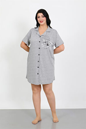 Celira Büyük Beden Penye Düğmeli Gri Tunik Gecelik