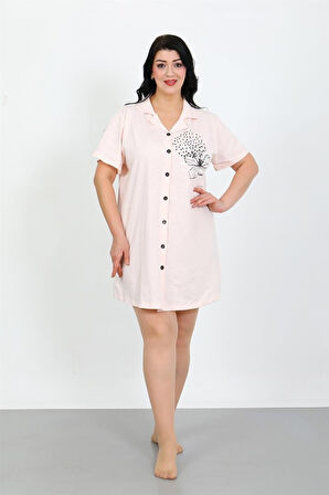 Celira Büyük Beden Penye Düğmeli Pudra Tunik Gecelik
