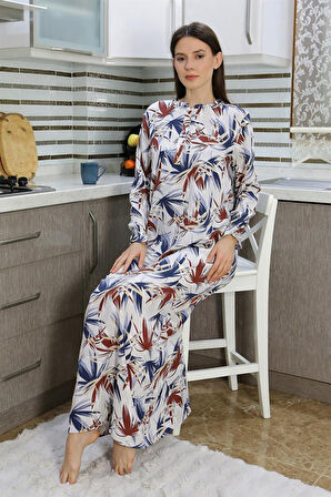 Celira Kadın Uzun Kol Penye Gecelik Ev Elbisesi Krem