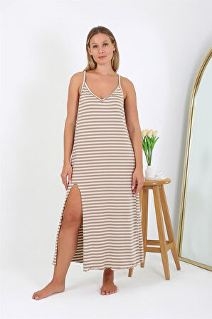 Celira Kadın Büyük Beden İp Askılı Uzun Gecelik Sütlü Kahve NS12109