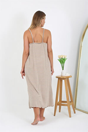 Celira Kadın Büyük Beden İp Askılı Uzun Gecelik Sütlü Kahve NS12109