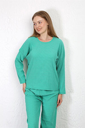 Celira Kadın Bürümcük Kumaş Pijama Takım Yeşil