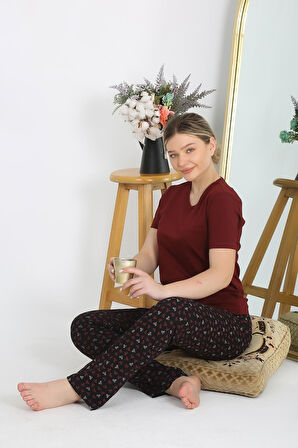 Celira Kadın Kısa Kol Pamuk Penye Pijama Takım Bordo
