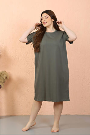 Celira Kadın Büyük Beden Penye Kısa Kol Haki Gecelik