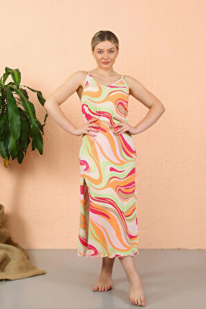 Celira Kadın İp Askılı Yırtmaçlı Uzun Fuşya Gecelik