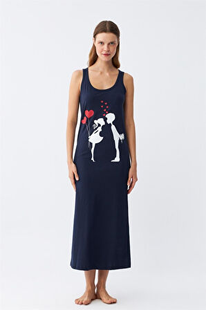 Celira Kadın Kalın Askılı Penye Uzun Lacivert Gecelik