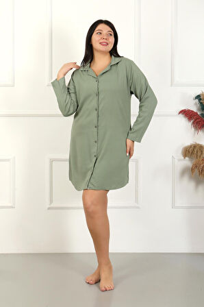 Celira Kadın Büyük Beden Pamuk Düğmeli Uzun Kol Tunik Gecelik