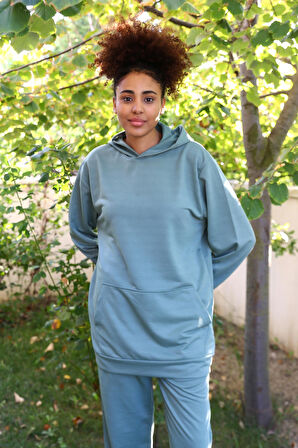 Celira Kadın Pamuk Kapşonlu Cepli 3 İplik Petrol Eşofman Takım