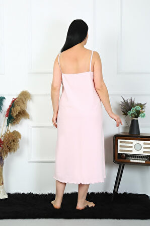 Celira Kadın Büyük Beden İp Askılı Pamuklu Pembe Uzun Gecelik