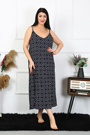 Celira Kadın Büyük Beden İp Askılı Pamuklu Uzun Gecelik Siyah