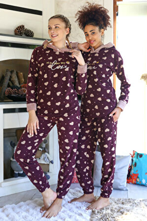 Celira Bordo Welsoft Polar Kadın Kapşonlu Pijama Takımı NSL094
