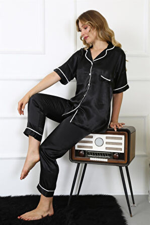 Celira Kadın Büyük Beden Siyah Saten Pijama Takımı NS0233