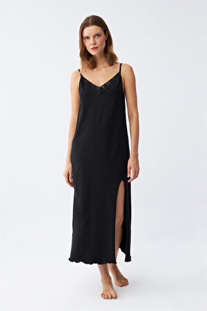 Celira Kadın İp Askılı Uzun Gecelik Siyah