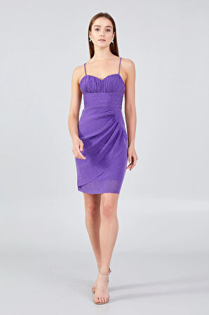 Doridorca Kadın İp Askılı Tül Mini Abiye Elbise 5077 Mor