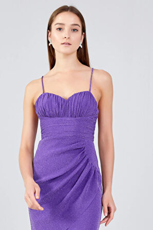 Doridorca Kadın İp Askılı Tül Mini Abiye Elbise 5077 Mor