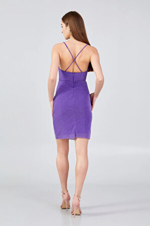 Doridorca Kadın İp Askılı Tül Mini Abiye Elbise 5077 Mor