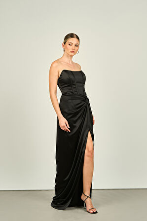 Doridorca Kadın Straplez Derin Yırtmaçlı Uzun Abiye Elbise 5062 Siyah