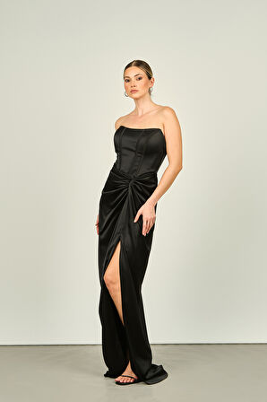 Doridorca Kadın Straplez Derin Yırtmaçlı Uzun Abiye Elbise 5062 Siyah