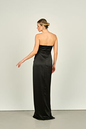 Doridorca Kadın Straplez Derin Yırtmaçlı Uzun Abiye Elbise 5062 Siyah