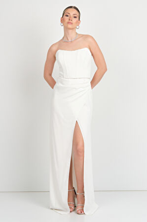 Doridorca Kadın Straplez Beli Korsajlı Balık Form Abiye Elbise 6087 Beyaz