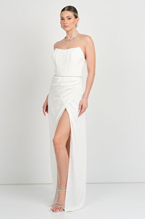 Doridorca Kadın Straplez Beli Korsajlı Balık Form Abiye Elbise 6087 Beyaz