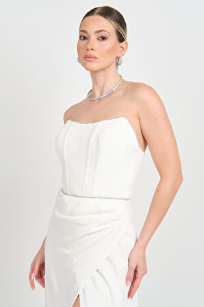 Doridorca Kadın Straplez Beli Korsajlı Balık Form Abiye Elbise 6087 Beyaz