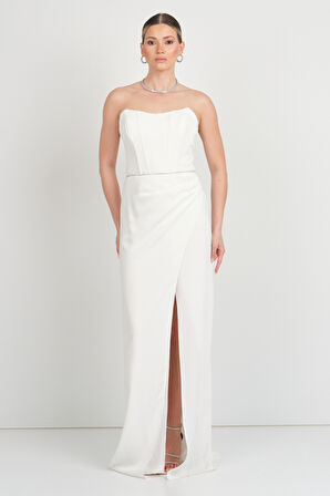 Doridorca Kadın Straplez Beli Korsajlı Balık Form Abiye Elbise 6087 Beyaz