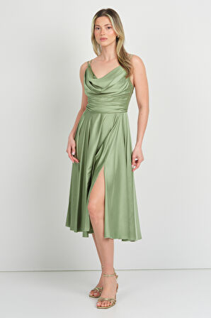 Doridorca Kadın İp Askılı Ön Kısmı Dökümlü Midi Boy Abiye Elbise 5104 Limon Küfü