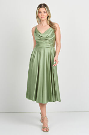 Doridorca Kadın İp Askılı Ön Kısmı Dökümlü Midi Boy Abiye Elbise 5104 Limon Küfü