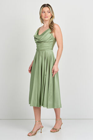 Doridorca Kadın İp Askılı Ön Kısmı Dökümlü Midi Boy Abiye Elbise 5104 Limon Küfü