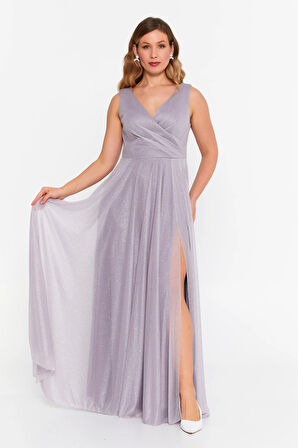 Doridorca Kadın Büyük Beden Sim Detaylı Kolsuz Maxi Abiye Elbise 6111 Vizon