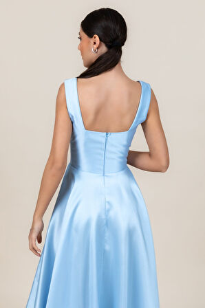 Doridorca Kadın Kare Yaka Kalın Askılı Bilek Boy Saten Abiye Elbise 6098 Bebe Mavisi