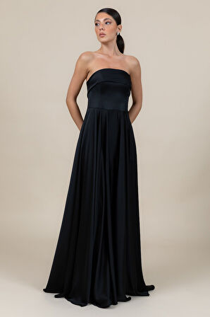 Doridorca Kadın Straplez Saten Kumaş Uzun Abiye Elbise 6135 Siyah