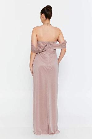 Doridorca Kadın Büyük Beden Düşük Kollu Uzun Abiye Elbise 6149 Y.Vizon