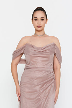 Doridorca Kadın Büyük Beden Düşük Kollu Uzun Abiye Elbise 6149 Y.Vizon