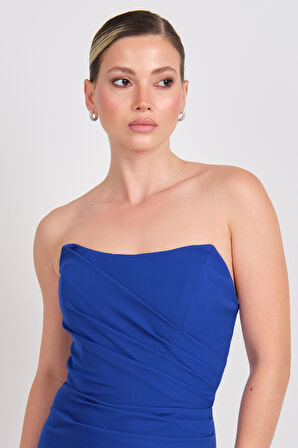 Doridorca Kadın Straplez Saten Kumaş Mini Abiye Elbise 7025 Saks