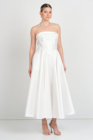 Doridorca Kadın Straplez Uzun Abiye Elbise 6068 Beyaz