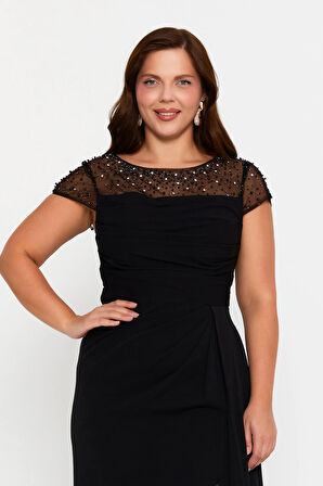 Doridorca Kadın Büyük Beden Taş Süslemeli Derin Yırtmaçlı Maxi Abiye Elbise 7048 Siyah