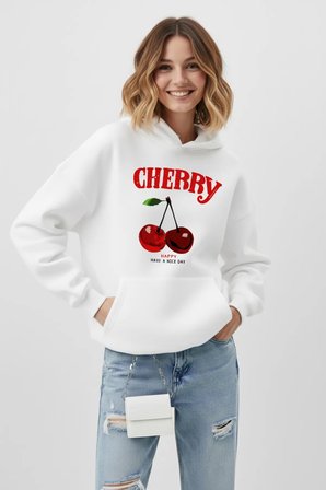 Unisex Yumuşak Dokulu 3 İplik Happy Cherry Tasarım Baskılı Oversize Sweatshirt