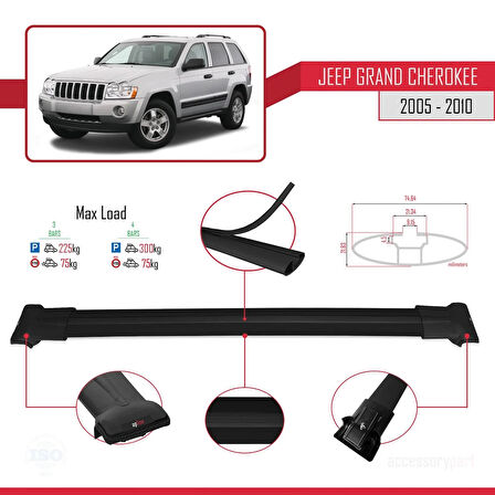 Jeep Grand Cherokee 3 (WK) 2005-2010 Arası ile Uyumlu FLY Model Ara Atkı Tavan Barı Siyah 3 Adet