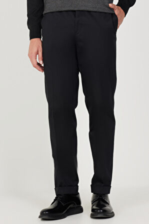 Erkek Siyah Slim Fit Dar Kesim Gabardin Kumaş Desenli Pamuklu Esnek Beli Lastikli Pantolon