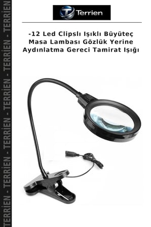 -12 Led Clipslı Işıklı Büyüteç Masa Lambası Gözlük Yerine Aydınlatma Gereci Tamirat Işığı