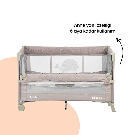Gulz Beskar Anne Yanı Sallanır Cibinlikli Dönenceli Alt Açmalı Oyun Parkı Bebek Beşik 70X120 cm + YATAK Gri