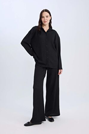 Straight Fit Beli Lastikli Basic Düz Bürümcük Geniş Paça Pantolon
