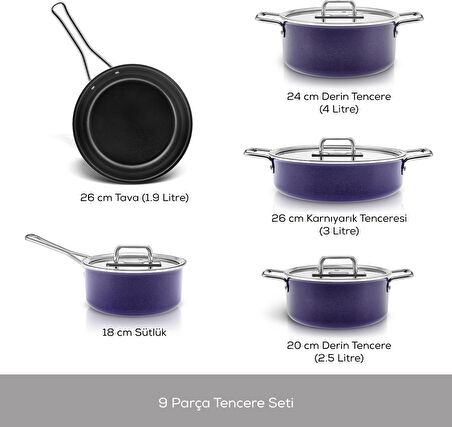 Karaca Swiss Crystal Mastermaid 9 Parça Tencere Seti Crape Purple