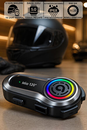 Mioji Mio 120 2x RGB 1000mAh IPX6 1500m 2 Kişilik Kask Intercom Motosiklet Bluetooth Kulaklık - Siyah