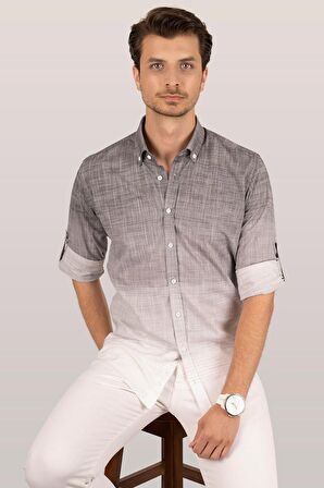 Panolu Gri Beyaz Geçişli Slimfit Keten Gömlek