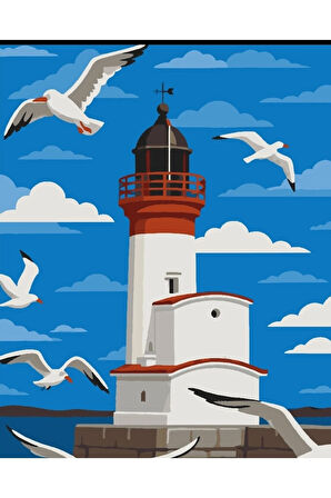 Sayılarla Boyama Seti 40x50 Cm (Çıtalı) Fırça Boya Dahil Numaralı Tuval Fener Bulut Manzara