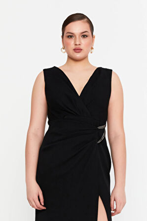 Doridorca Kadın Krep Kumaş Drapeli V Yaka Maxi Abiye Elbise 7057 Siyah