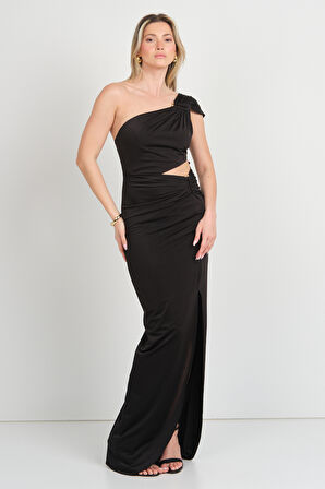 Doridorca Kadın Tek Omuz Pencere Detaylı Uzun Abiye Elbise 7061 Siyah